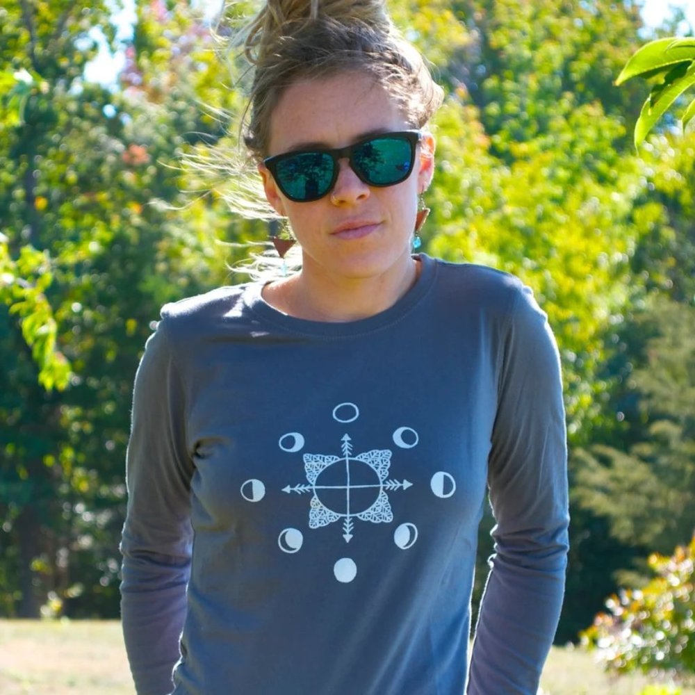 SOLD // Moon Phase & 4 Directions Grey Organic Cotton Long Sleeve